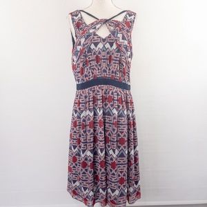 Adrianna Papell Sleeveless Dress Geometric Print Fitted Waist Flowey Size 14